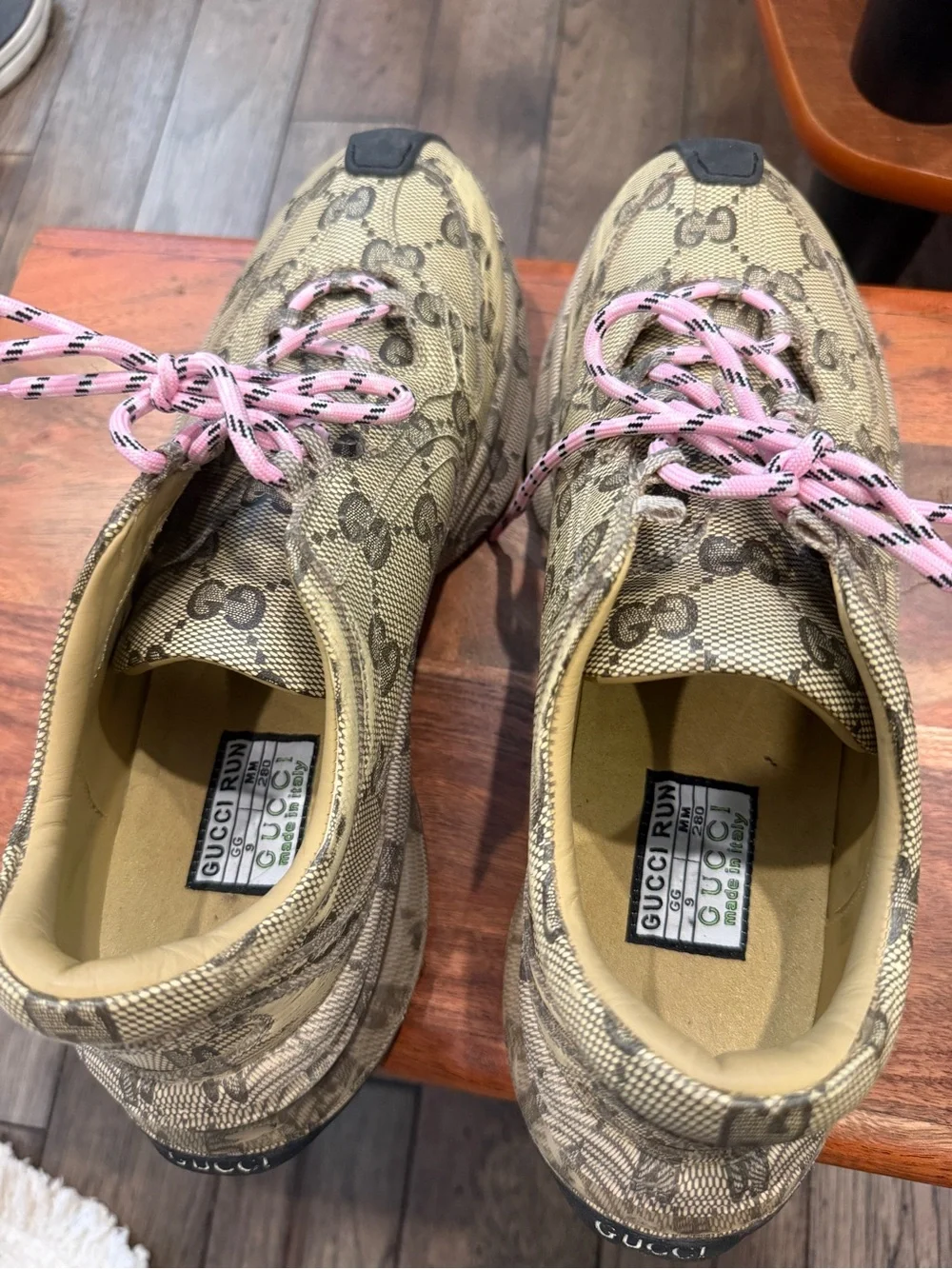 Gucci Beige Monogram Sneakers with Pink Laces